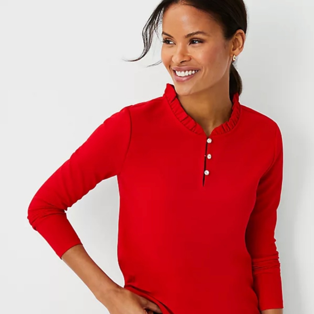Ann Taylor Crystal Button Red Ruffle Neck L/S Top XXSP‎ NWOT